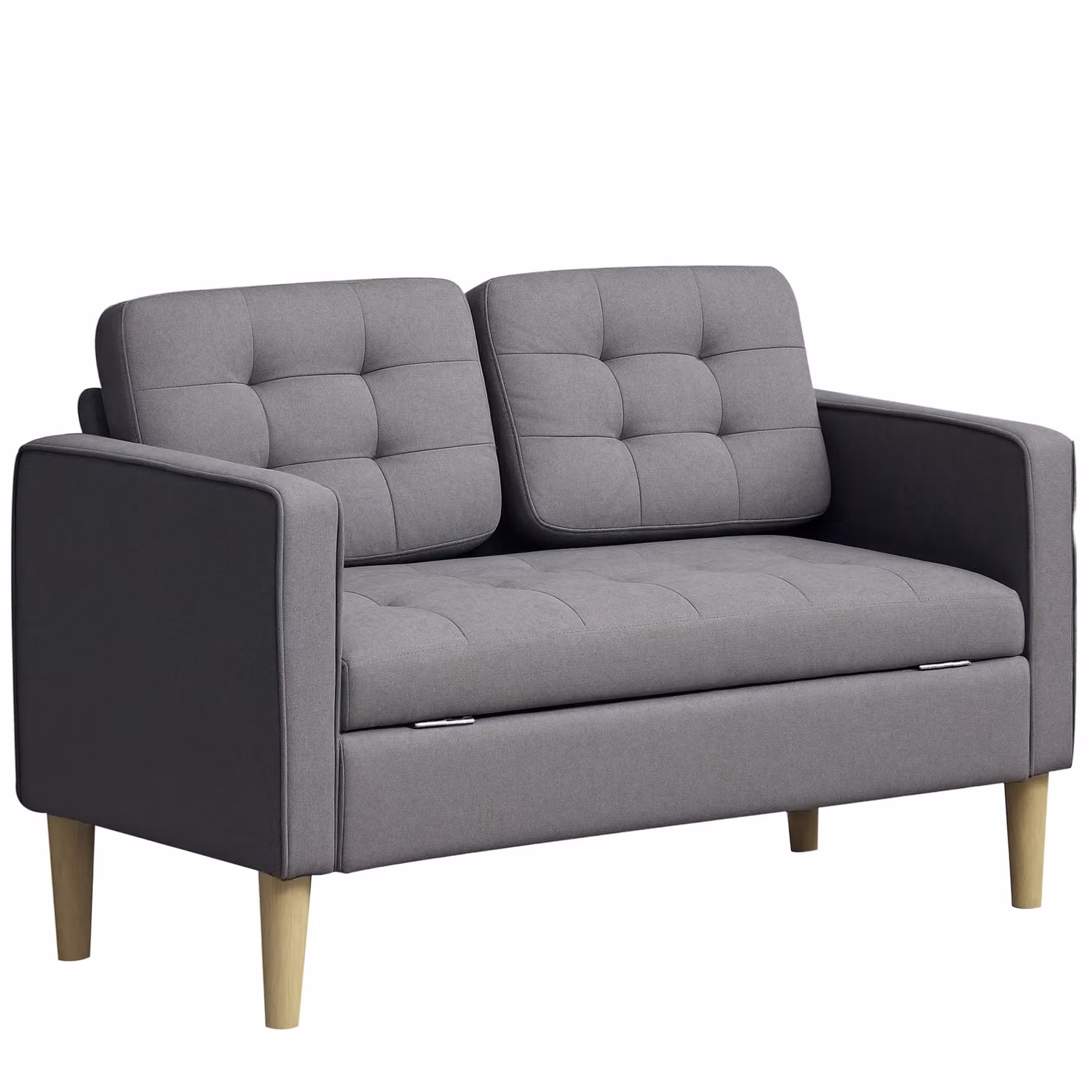 HOMCOM Modern 2 Seater Sofa with Hidden Storage and Wood Legs, Grey, W: 117 cm – 2