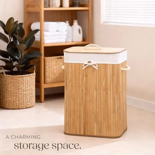 tectake 72L Foldable Bamboo Laundry Basket with Lid and Removable Washable Bag in Beige – 3