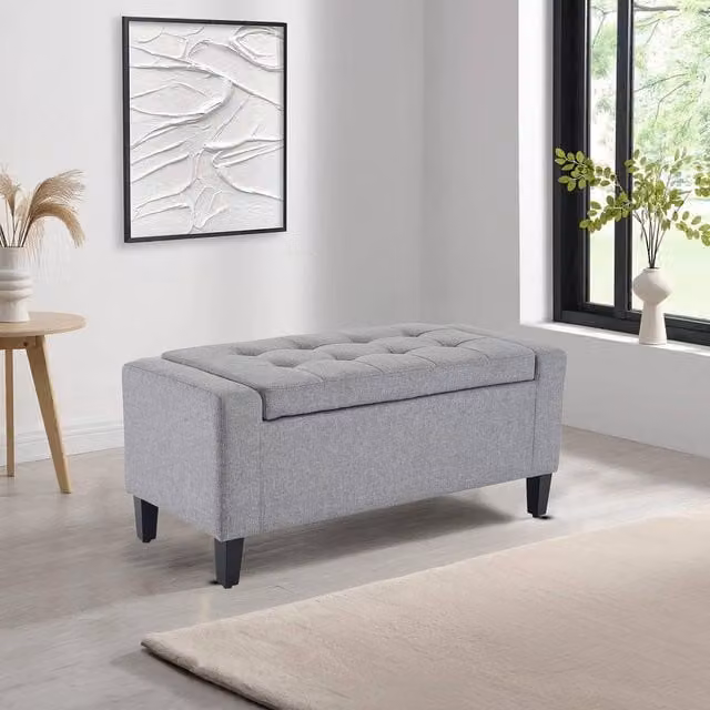 Home Republic Grey Linen Upholstered Ottoman Storage Bench