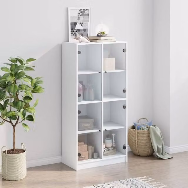 Berkfield Home White Highboard with Glass Hinged Doors, W/D/H: 68 x 37 x 142 cm