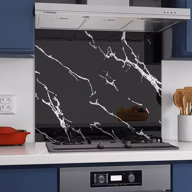 BELOFAY Black Marble Look Tempered Glass Kitchen Splashback, W: 60 cm, H: 0.7 cm
