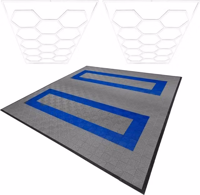 Monstershop Hexagon LED Lights x 2 and Vented Garage Floor Tiles with Edges in Grey and Blue