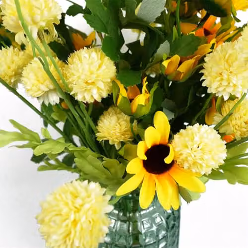 Leaf Design Yellow Dahlia Pompom Artificial Flower Stem, 50 cm – 3