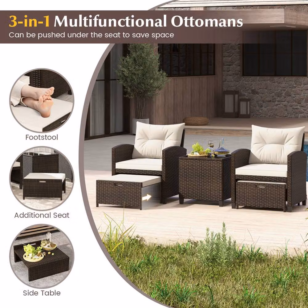 Gymax 5 Piece Brown Polyrattan Patio Furniture Set with Upholstered Cushions, Coffee Table and Ottoman – 6