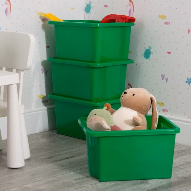 Wham Set of 4 Stackable and Solid Green Plastic Stack and Store Boxes, 28 l