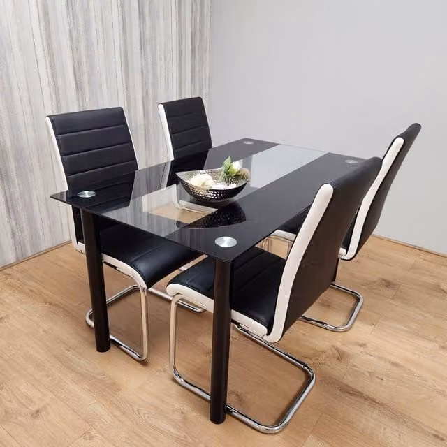 KOSY KOALA Dining Table Set with 4 Faux Leather Padded Chairs, Black and White, W/D/H: 120 x 70 x 75 cm