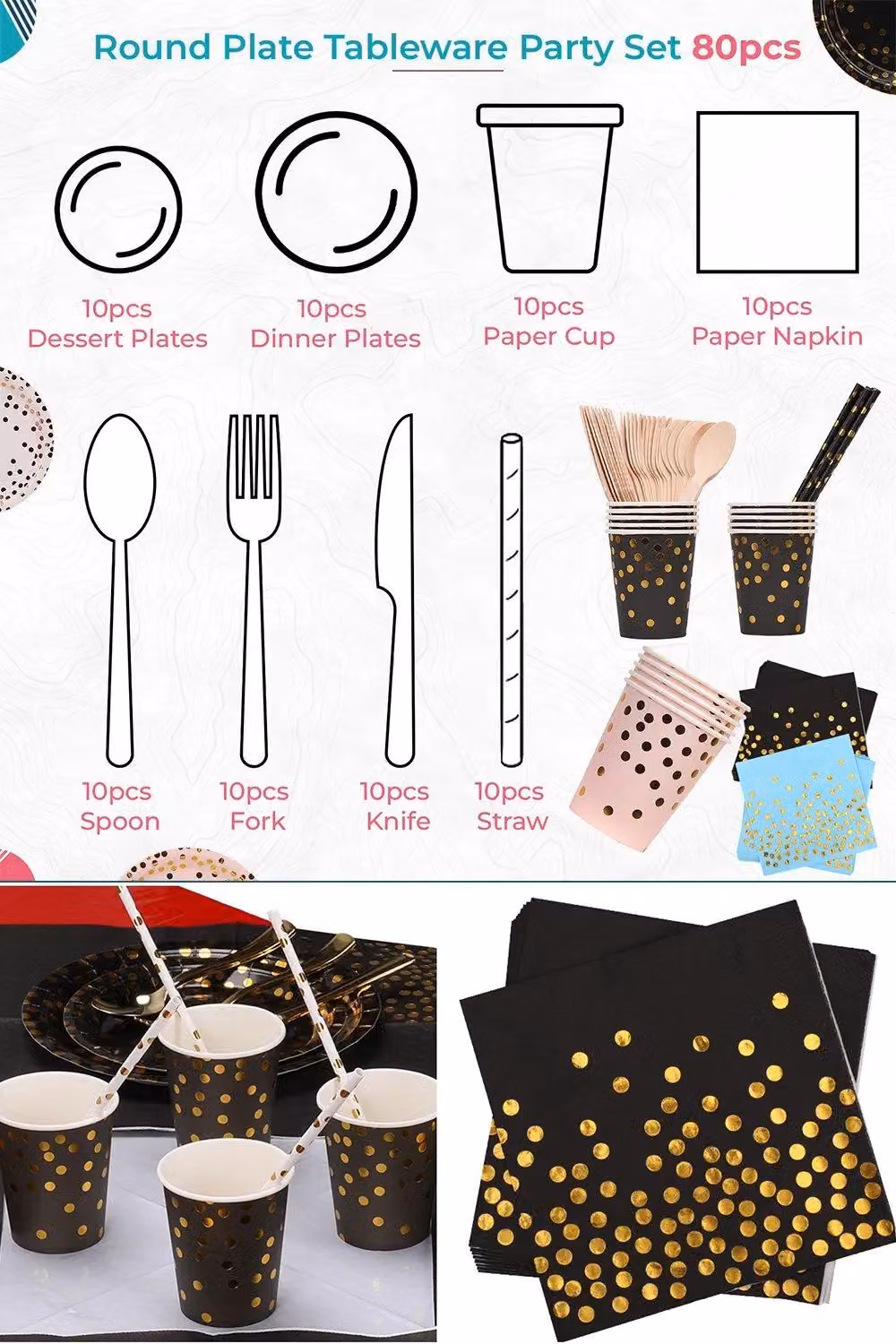 Neel Blue 80-Piece Black Dotted Paper Dinnerware Set – 3