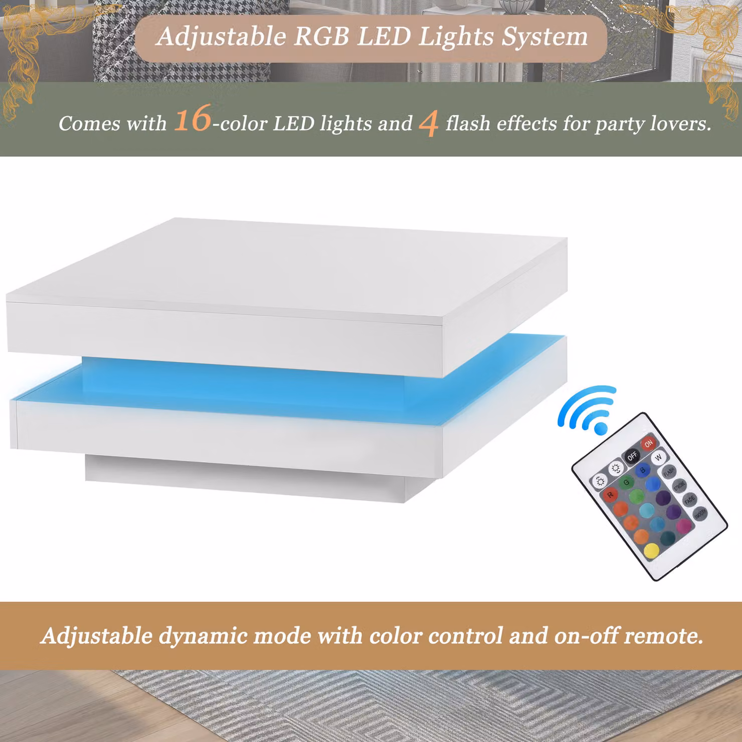 Aosom UK High Gloss Square Lift Top Coffee Table with Rotating Top and 16-Colour LED Lights, White, W: 70 cm, D: 70 cm, H: 36 cm – 5