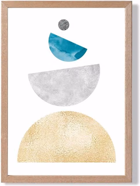 ARTZE Aqua, Yellow and Grey Mid Century Geometric Framed Abstract Print with Oak Frame, Size: 29.7 x 21.0 cm