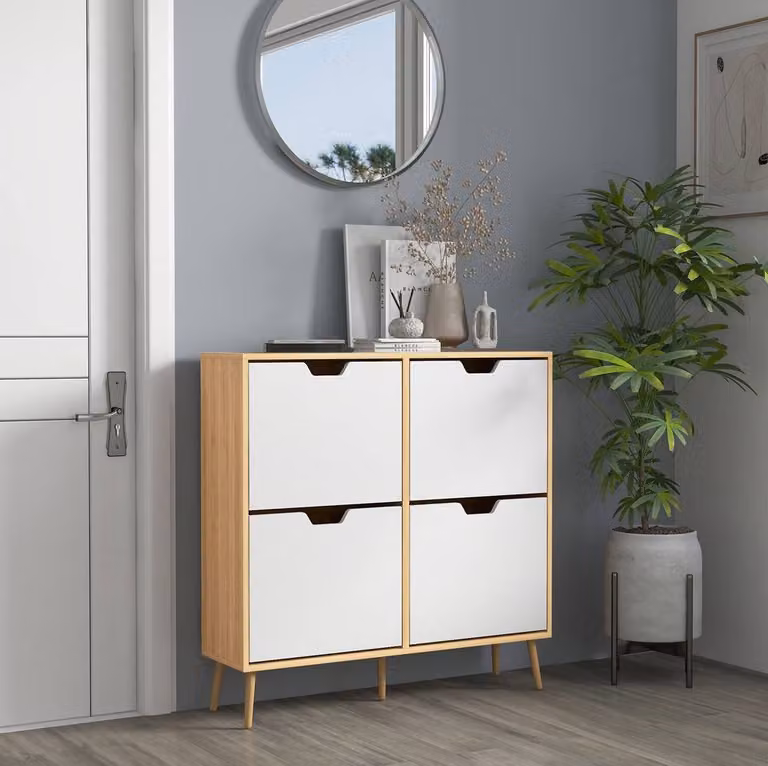 STILVORA Scandinavian Shoe Cabinet with 4 Tilting Compartments in Natural and White