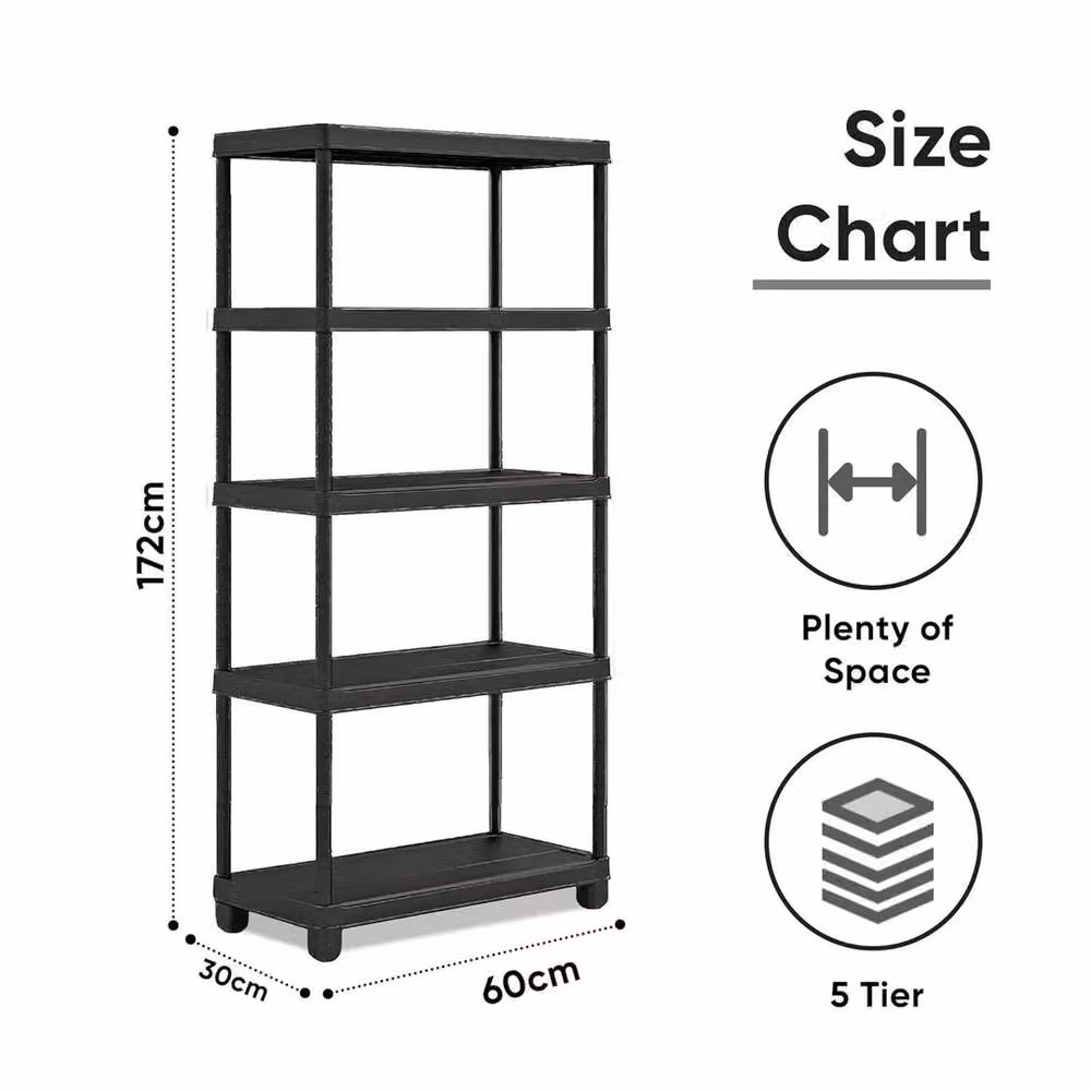 FLAVORA 5 Tier Plastic Home Storage Shelving Unit, Black, W/D/H: 60 x 30 x 172 cm – 2