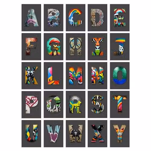 Artery8 Set of 50 Multicolour Street Art Graffiti Aesthetic A-Z Letter Postcards, W: 14.8 cm, H: 10.5 cm