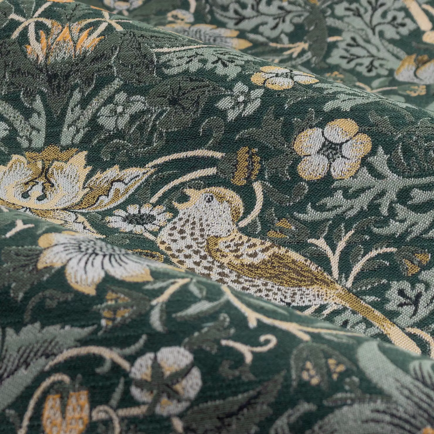 Morris & Co Strawberry Thief Jacquard Floral Room Darkening Pencil Pleat Curtain Pair in Green, Width: 229 cm, Drop: 137 cm – 4