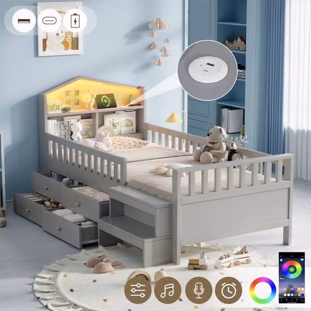 BTM Single Wooden Bed in Grey with LED Under-bed Lighting, USB Charging Ports and Storage Drawers, W/D/H: 90 x 190 cm