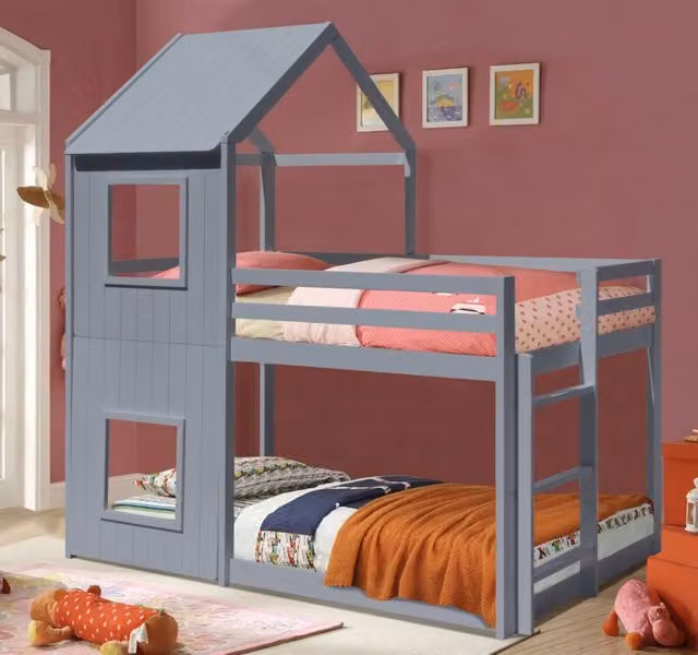 Comfy Living Ltd Wooden House Bunk Bed in Grey, Single Size – 1