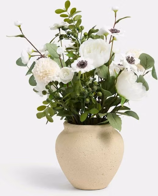 Moss & Sweetpea Large Artificial Mixed Floral Arrangement in a White Ceramic Vase