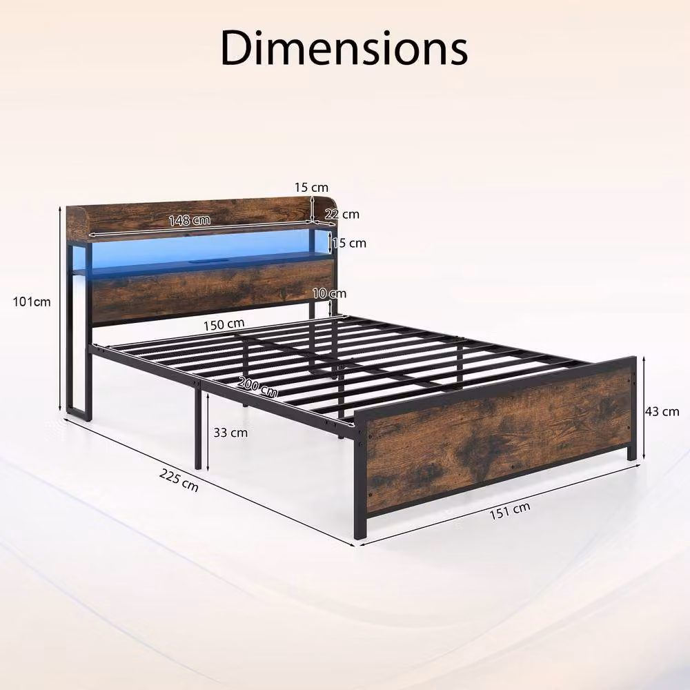 Gymax King Size Platform Bed Frame in Brown with LED Lights, USB Charging Ports and Storage Headboard – 2