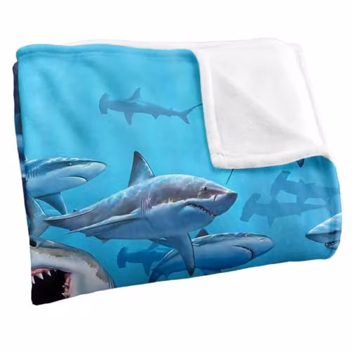 JQ Licensing Royce McClure Wish You Were Here Great White Sharks Super Soft Silky Touch Fleece Throw Blanket, W/D/H: 91 x 147 cm, Blue/Multicolour – 2