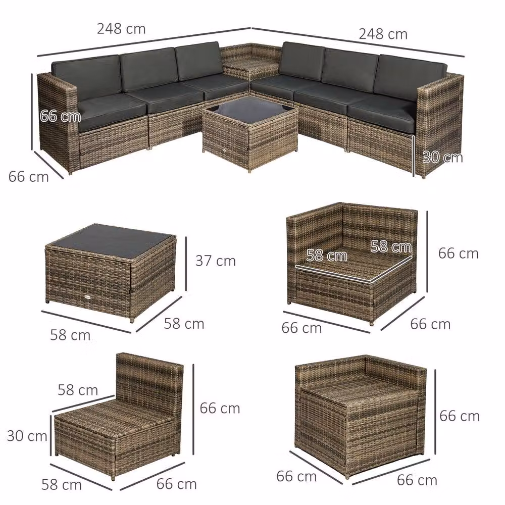 OUTSUNNY 8-Piece Brown Rattan Patio Sofa Set with Cushions and Side Table – 2