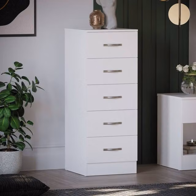 HD Designs Riano 5 Drawer Narrow Freestanding Chest in White Matt