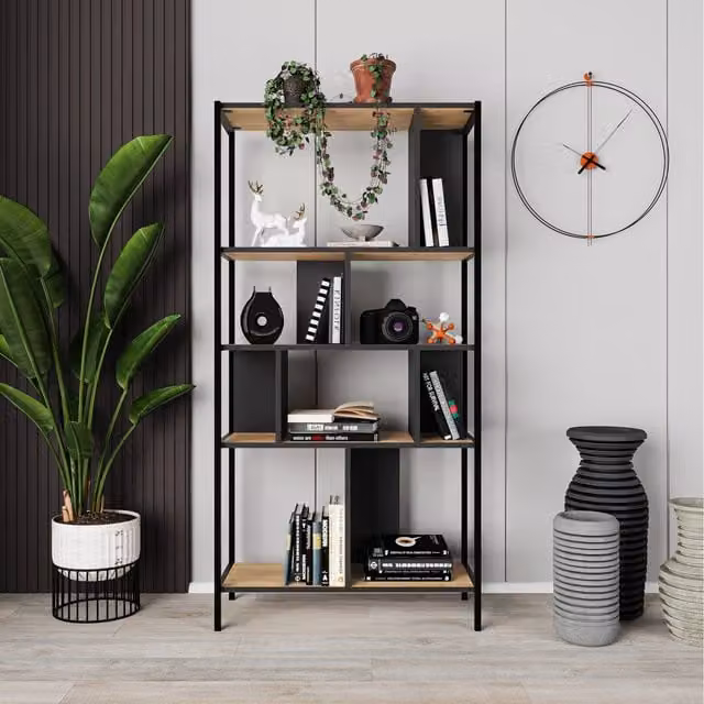 Decortie Midi Modern Tall Bookcase with 5 Shelves in Oak Brown