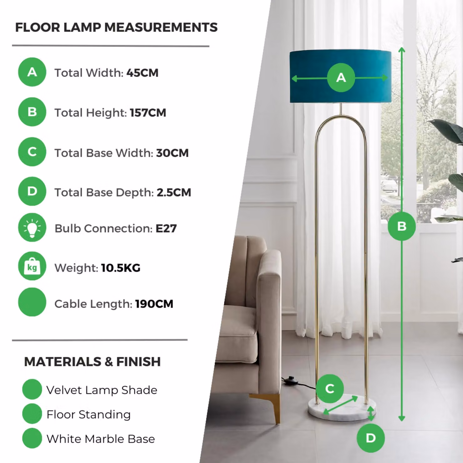 FurnitureboxUK Danielle Art Deco Floor Lamp with Teal Velvet Shade, Brass Plate and Gold Marble Base, H 157 cm x W 45 cm x D 45 cm – 4