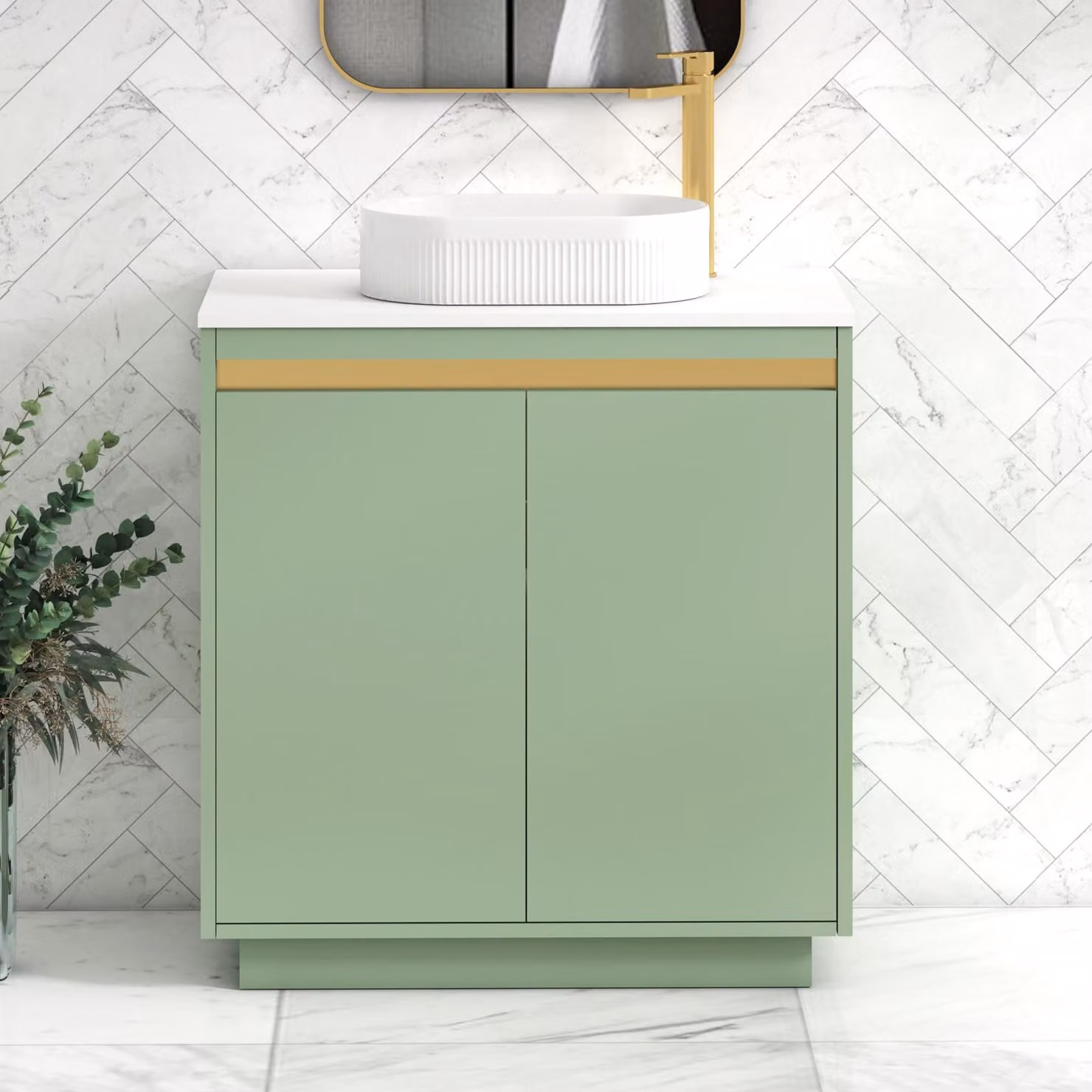 Royal Bathrooms Orion 800mm Mint Sage Floor Standing 2 Door Vanity Unit with Lyon Basin and Brushed Brass Accent Trim