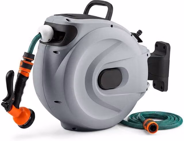 Kelvenix Grey Wall-Mounted Automatic Retractable Garden Hose Reel with 30m Hose and Wall Bracket