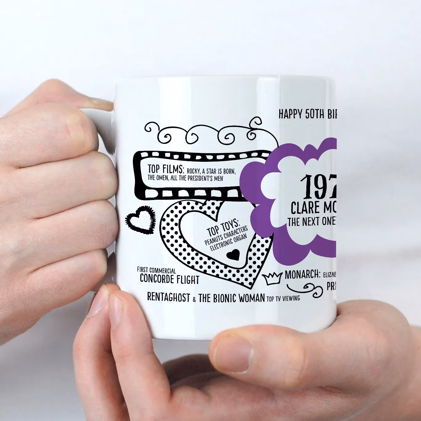 Afewhometruths Personalised 50th Birthday Mug, 1976 Nostalgia Gift in Purple and White – 3