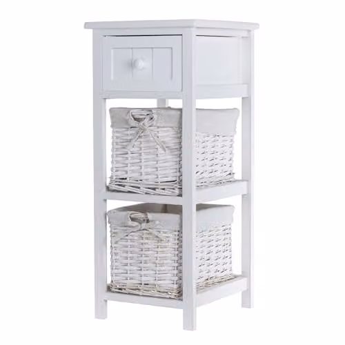 LIVIVO Shabby Chic Two Tier Wooden Bedside Cabinet with Wicker Storage Basket, White – 1
