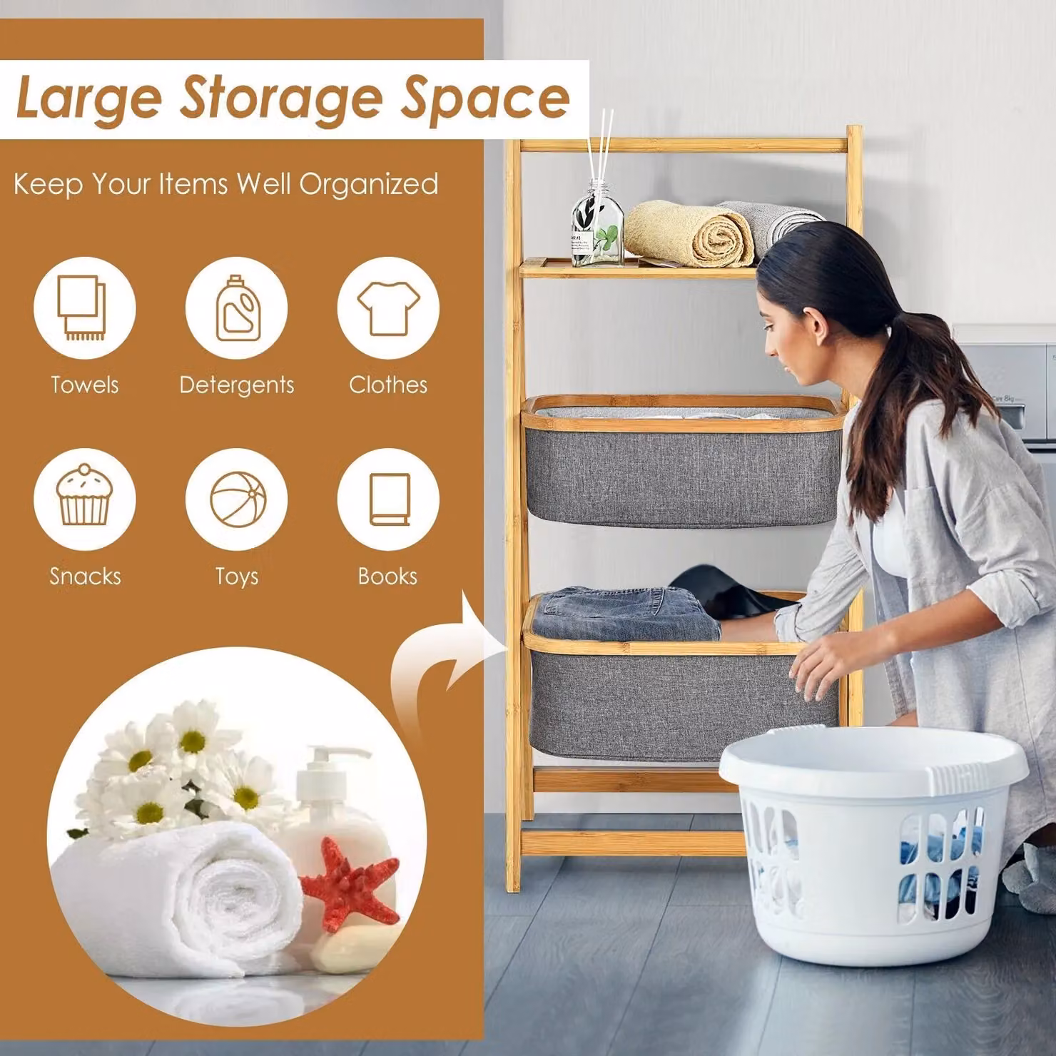 Costway 2-Tier A-Frame Bamboo Laundry Hamper and Toy Storage Rack in Natural Brown – 4