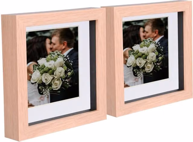 Nicola Spring Pack of 2 Square 3D Box Photo Frames in Light Brown and White, W/H: 15.24 x 15.24 cm with 10.16 x 10.16 cm Mount