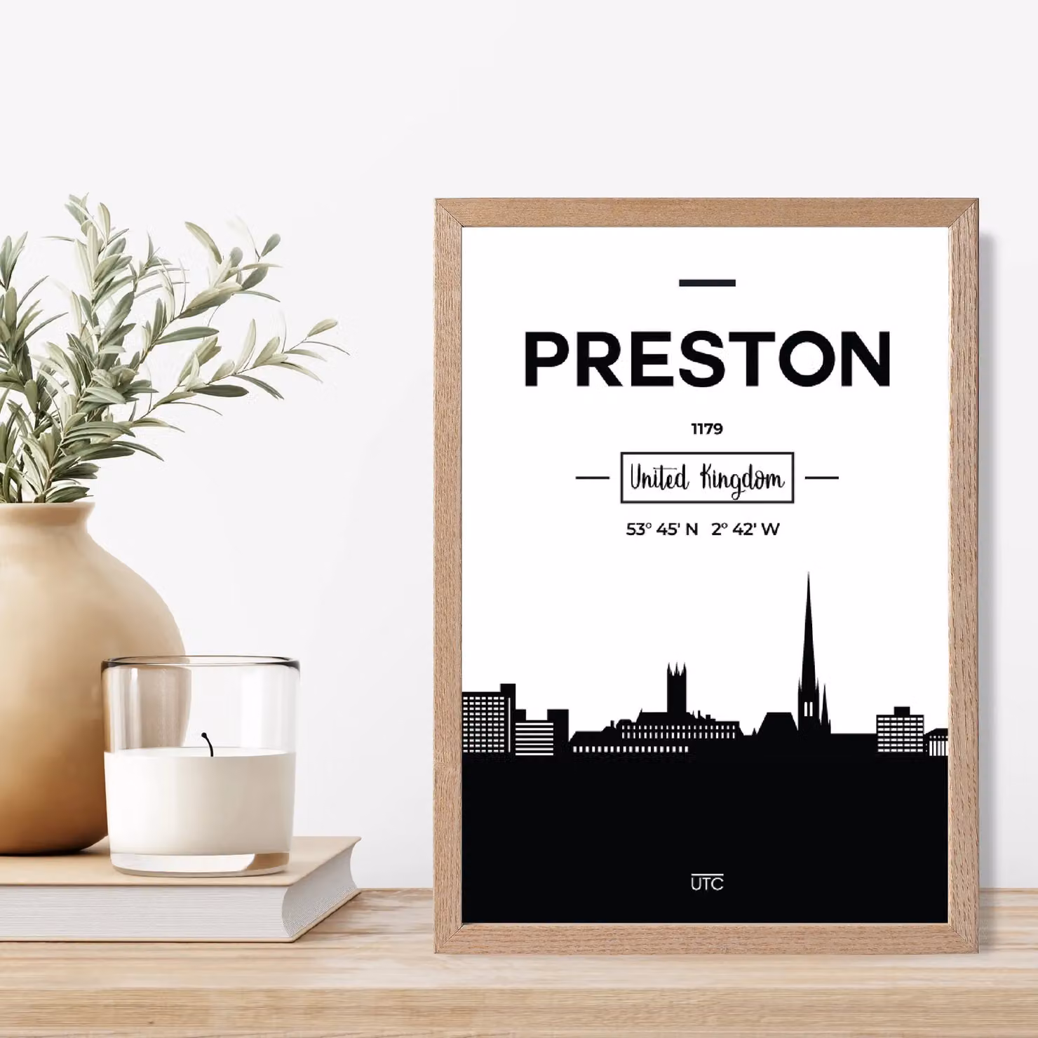 ARTZE Preston Black and White City Skyline Framed Print with Oak Frame – 2