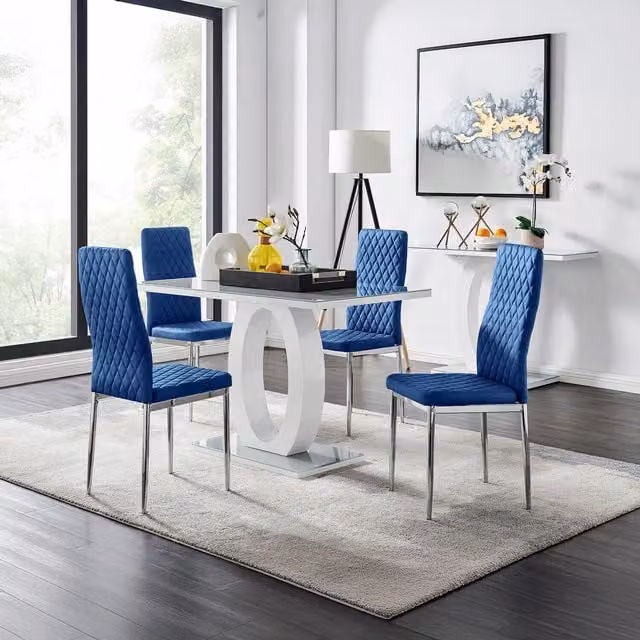 FurnitureboxUK Giovani Grey Glass Dining Table and 4 Navy Velvet Milan Chairs Set