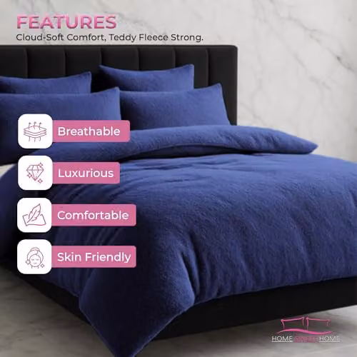 Home Sweet Home UK Teddy Bear Fleece Duvet Cover and Pillowcase Set in Blue, Super King, Duvet Cover: 200 x 200 cm, Pillowcase: 50 x 75 cm – 3