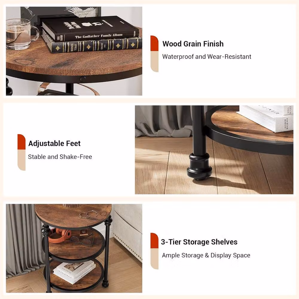 London Boutique 3-Tier Round Industrial Side Table in Brown and Black, W/D/H: 45 x 45 x 60 cm – 3