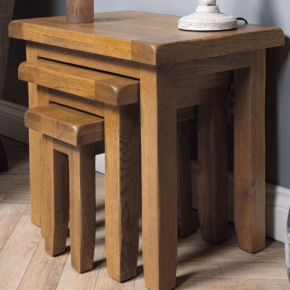 Elm Home And Garden Rustic Oak Nest of 3 Square Side Tables in Brown – 3