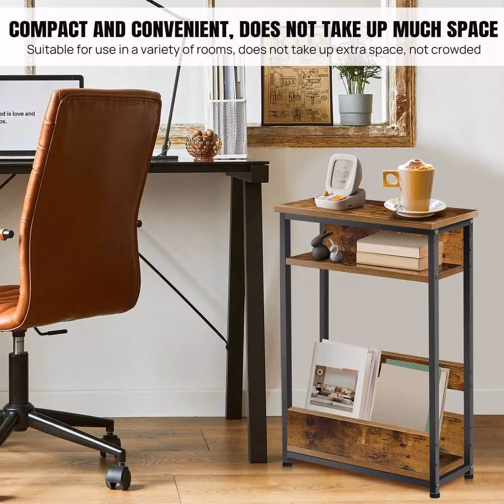 FORGEVIO Slim Coffee Side Table with Magazine Shelf Rack in Brown – 3