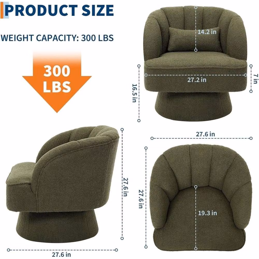 VOGREX Modern Green Bouclé Swivel Accent Armchair with Armrests and Back Cushion – 2