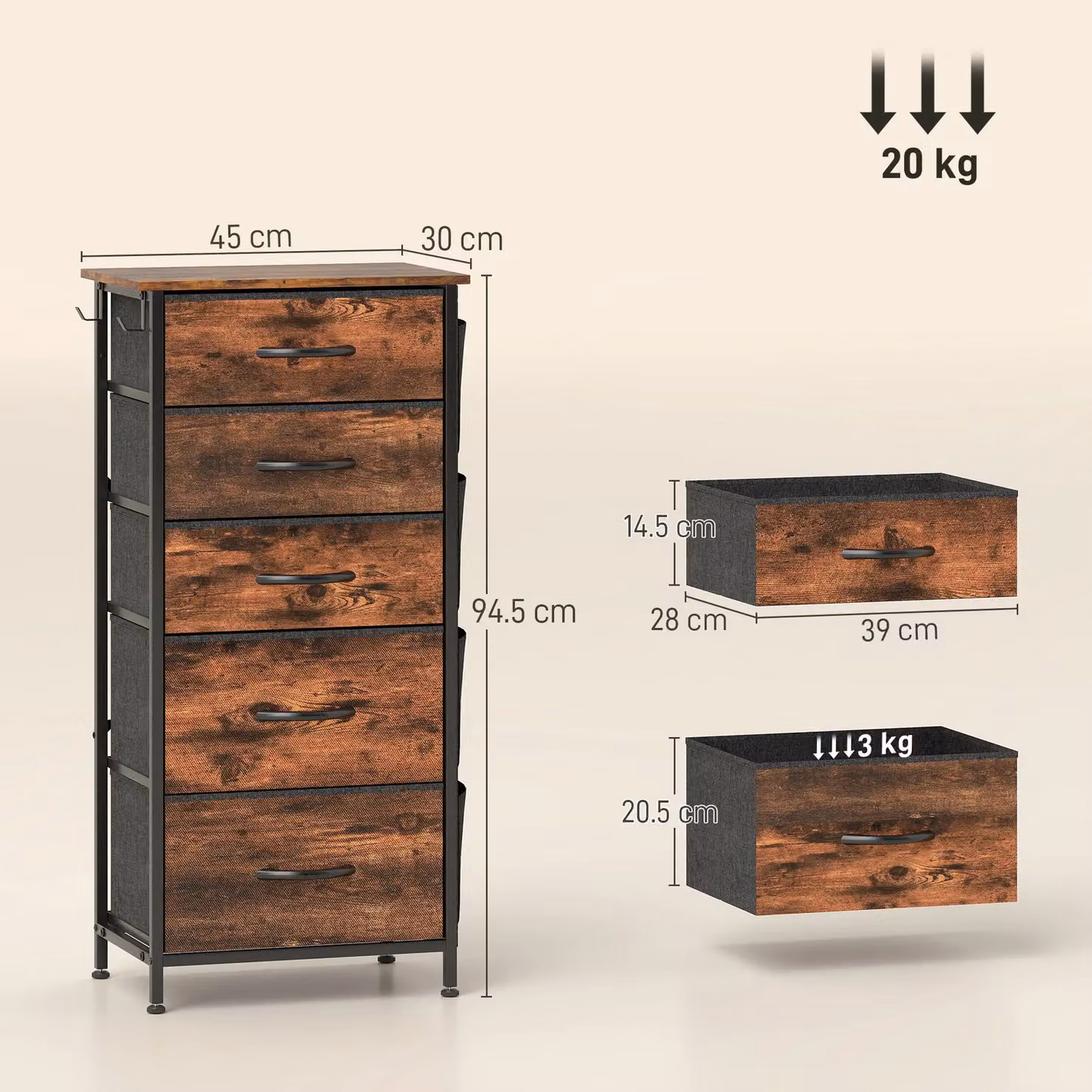 HOMCOM Brown Fabric and Metal Industrial Chest of Drawers for your Bedroom – 3