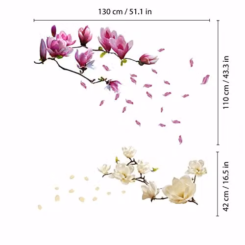 WALPLUS Pink and White Magnolia Flower Wall Sticker Mural, Removable Self-Adhesive Vinyl Decals, W: 42 cm, H: 107 cm, D: 0.02 cm – 3