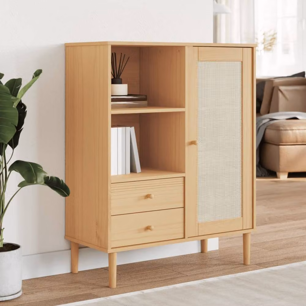Berkfield Home SENJA Highboard in Brown Rattan Look, Solid Pine Wood, W/D/H: 90 x 40 x 112 cm – 2