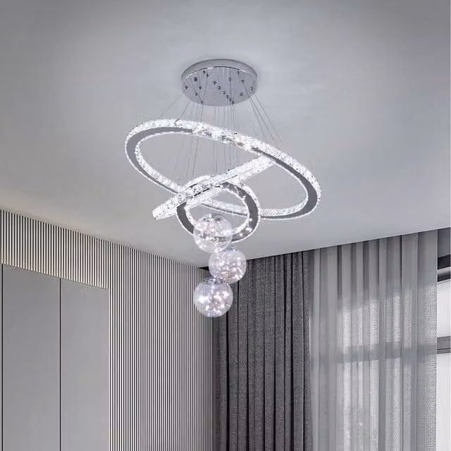 Komore Modern Crystal Triple Ring LED Ceiling Light in Silver