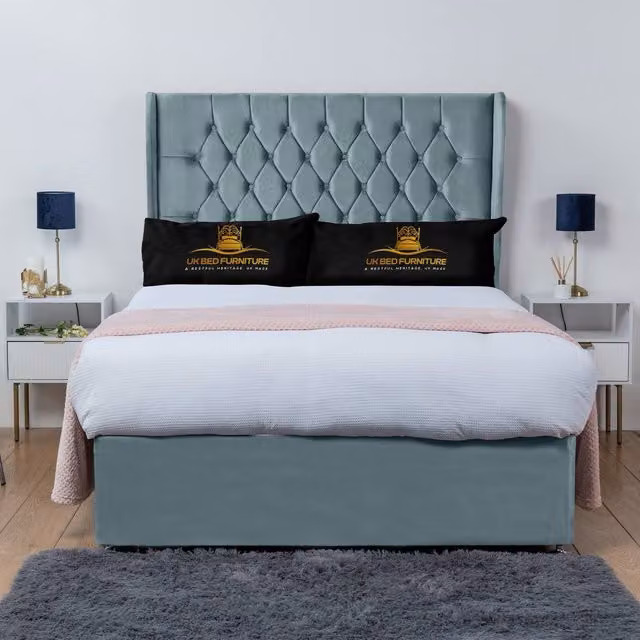 UK Bed Furniture Mary Winged Divan Bed Base with 54 Inch Buttoned Headboard in Light Blue, King Size, W/D/H: 180 x 200 cm