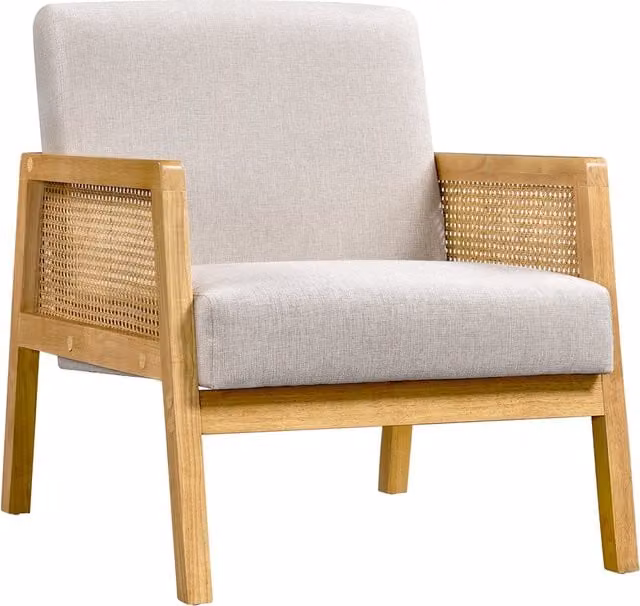 Yaheetech Mid-Century Upholstered Accent Armchair with Rattan Sides and Solid Rubberwood Frame in Beige