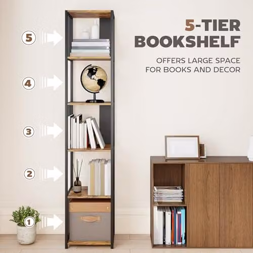 HOMCOM 5-Tier Modern Tall Bookshelf Display Unit in Rustic Brown and Black, W/D/H: 33.5 x 30 x 165 cm – 3