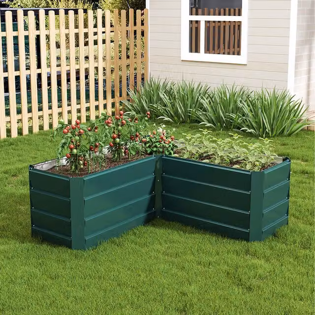 Livingandhome Green L-Shaped Raised Garden Bed made from Galvanised Steel
