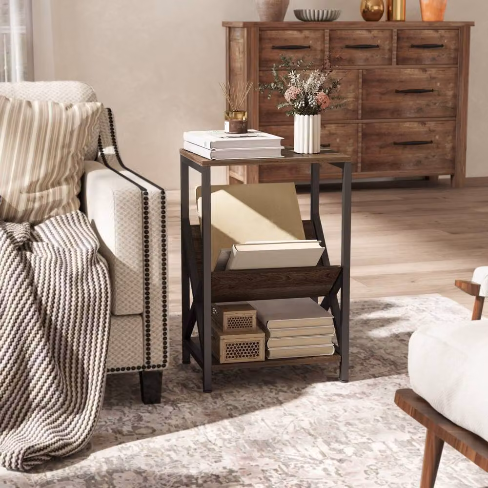 Wyld Haus Elfi Nere Oak Effect Narrow Side Table with Magazine Holder and 3 Tiers in Light Oak – 8