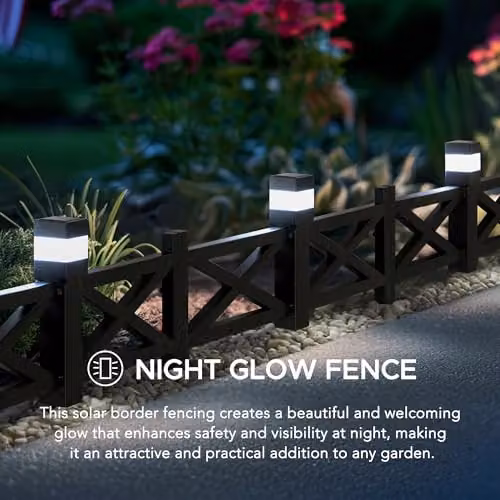 Sunjoy 5-Pack Solar Garden Fence with Waterproof LED Path Lights, Black Metal Decorative Lattice Border Fencing Panels – 6