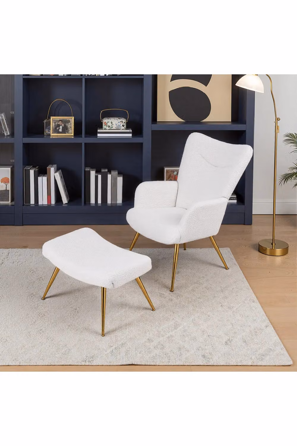 Living and Home White Bouclé Accent Chair and Ottoman Set – 2